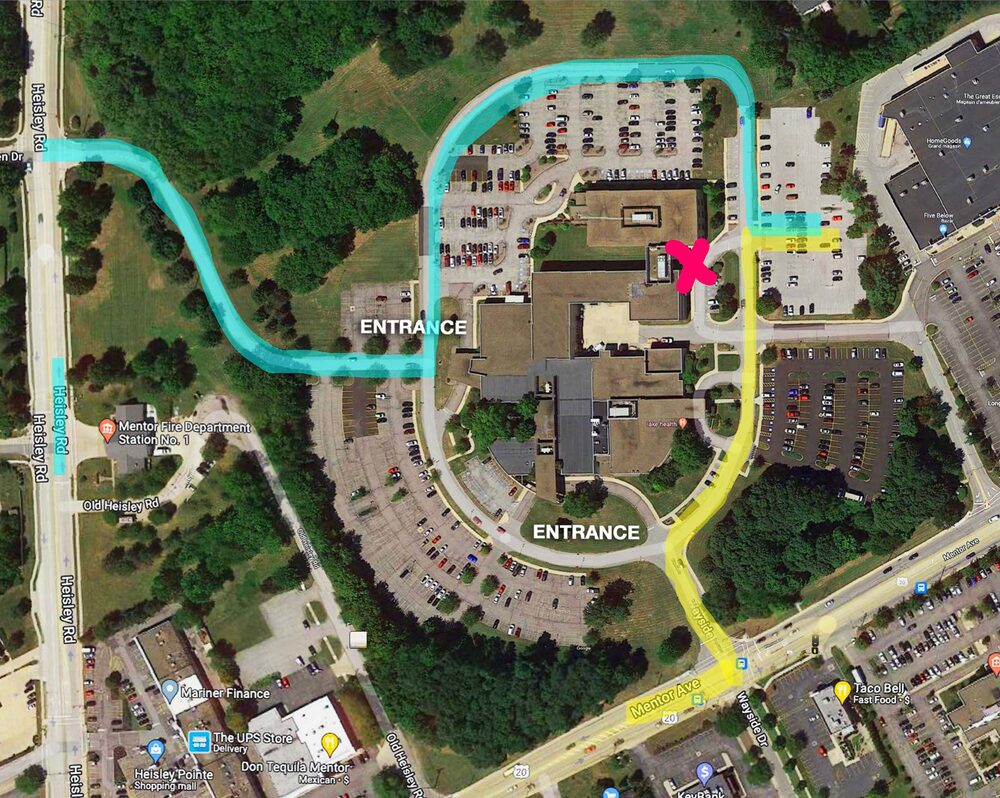 Campus map showing entrances and parking for Insight Eye Center at 9485 Mentor Avenue, Mentor, Ohio