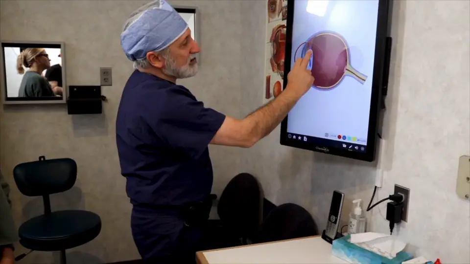Dr. Rom explaining the anatomy of the eye to a patient using a diagram on a screen in the exam room